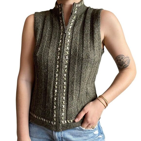 Vintage Womens Woolrich Green Ribbed Nordic Cotton Blend Full Zip Sweater Vest - Picture 1 of 7